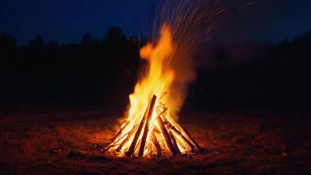 Crackling campfire under dark sky evokes warmth and adventure for outdoor camping lifestyle video
