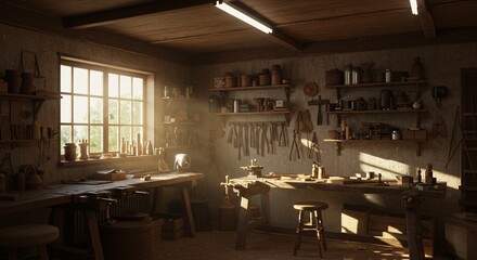 Sun-drenched traditional craftsman's workshop filled with woodworking tools and dusty light rays