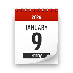 Date 9 January 2026 year realistic calendar day page design. January 9 transparent png