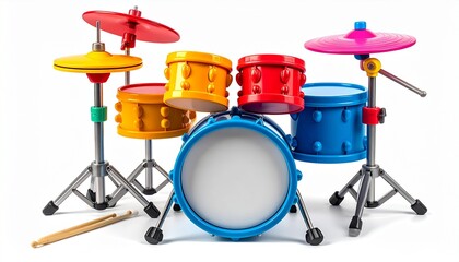 Toy drum set with colorful plastic pieces including bass drum snare cymbals and sticks musical instrument play kit designed to encourage rhythm skills in kids isolated on white background
