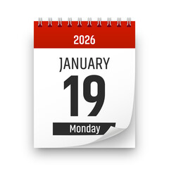 Date 19 January 2026 year realistic calendar day page design. January 19 transparent png