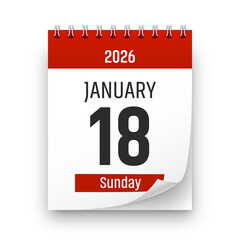 Date 18 January 2026 year realistic calendar day page design. January 18 transparent png