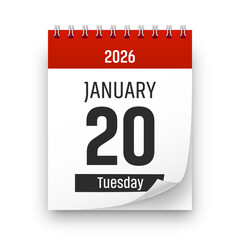 Date 20 January 2026 year realistic calendar day page design. January 20 transparent png