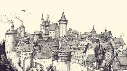 Obraz premium Medieval cityscape drawing