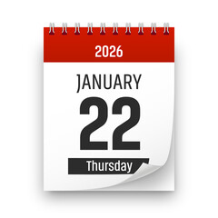 Date 22 January 2026 year realistic calendar day page design. January 22 transparent png