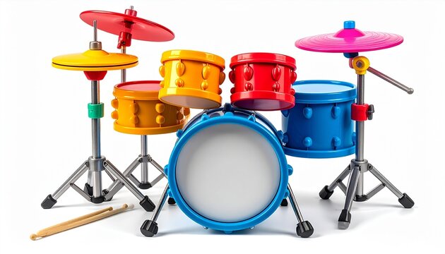 Toy drum set with colorful plastic pieces including bass drum snare cymbals and sticks musical instrument play kit designed to encourage rhythm skills in kids isolated on white background
