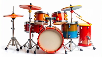 Toy drum set with colorful plastic pieces including bass drum snare cymbals and sticks musical instrument play kit designed to encourage rhythm skills in kids isolated on white background
