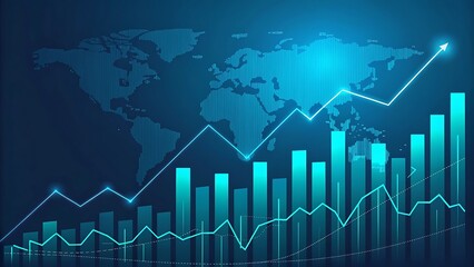 Global financial market growth with rising stock charts and world map background