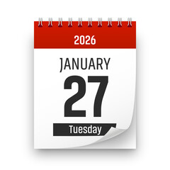 Date 27 January 2026 year realistic calendar day page design. January 27 transparent png