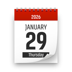 Date 29 January 2026 year realistic calendar day page design. January 29 transparent png