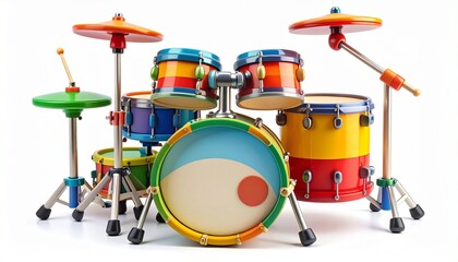 Toy drum set with colorful plastic pieces including bass drum snare cymbals and sticks musical instrument play kit designed to encourage rhythm skills in kids isolated on white background

