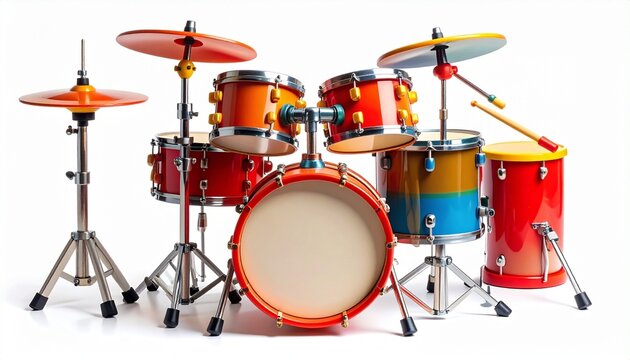 Toy drum set with colorful plastic pieces including bass drum snare cymbals and sticks musical instrument play kit designed to encourage rhythm skills in kids isolated on white background
