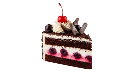Dark chocolate Black Forest cake shines, highlighting its rich layers for food product photography, posters, or branding.