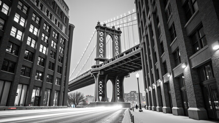Stunning black and white view of Manhattan Bridge, showcasing its architectural beauty amidst urban buildings. scene captures serene winter