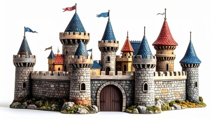 Fantasy castle toy with tall towers opening gates detailed walls miniature flags and painted stone textures imaginative children play set for role play adventures isolated on white background
