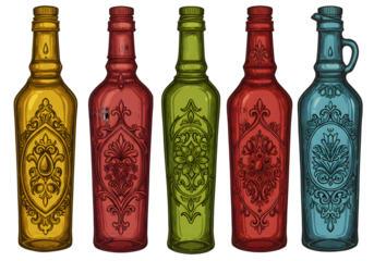 Colorful Bottles Illustration With Vintage Ornate Design And Transparent Background