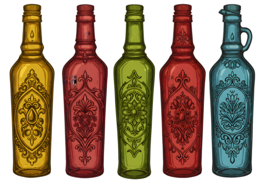 Colorful Bottles Illustration With Vintage Ornate Design And Transparent Background