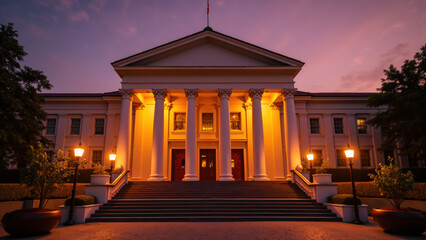 Obraz premium Grand building with tall columns illuminated dusk, showcasing architectural beauty and elegance. warm glow from lights enhances inviting