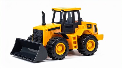 Fototapeta premium Plastic toy bulldozer with movable front blade durable wheels bright painted details construction vehicle play set designed for kids isolated on white background 