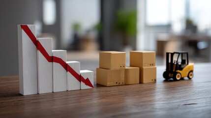 Business Decline Concept with Graphs, Boxes, and Forklift on a Desk in Modern Office Setup