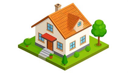 An isometric depiction of a charming, single-family home, complete with a terracotta roof, a covered porch, and a lush green lawn.