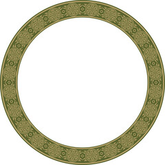Vector round gold with green ancient Russian ornament. Slavic border, frame. Circle, ring. Painting of the royal chambers.
