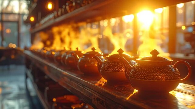 Row of Steaming Teapots Lit by Golden Sunlight