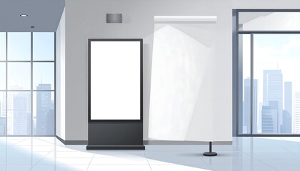 Modern office space with blank digital display and presentation backdrop, showcasing city view.