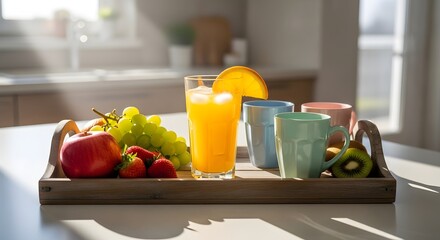 Refreshing breakfast scene with glass of orange juice, fresh apples grapes strawberries kiwi and citrus slices on wooden tray with colorful mugs in bright modern kitchen illuminated by sunlight