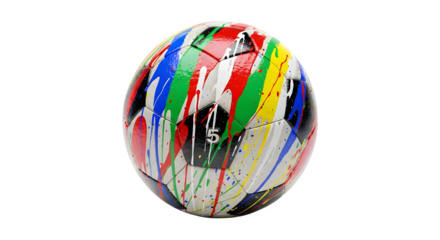 Textured soccer ball shows vibrant paint drips on black. Ideal for sports branding, or athletic themed background.