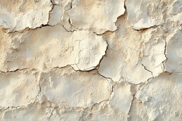 Fototapeta premium A detailed close-up view of a weathered, light beige stucco wall, displaying a network of deep cracks and texture.