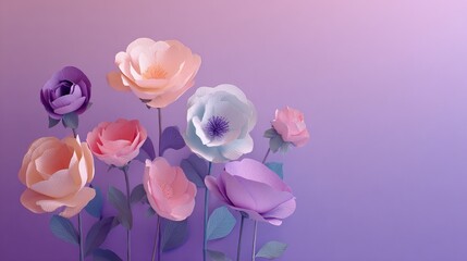 Obraz premium Elegant pastel flowers on a lilac background create a peaceful, calming mood for branding or creative projects needing a touch of spring beauty