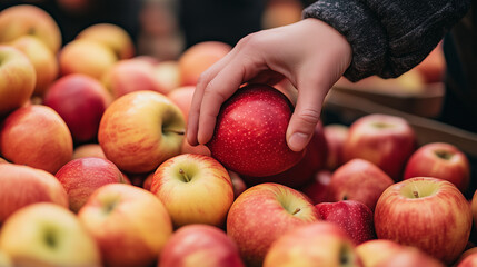 Hand selecting red apple from pile of fresh apples at market  