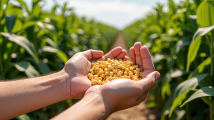 Sustainable agriculture showcases hands holding yellow soybeans in lush green field, symbolizing growth and harvest