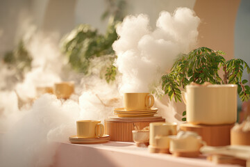 cafe display featuring augmented reality projections of steaming hot beverages essence of morning coffee energy