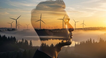 Symbolic double exposure of a man's silhouette contemplating a sustainable future, blended with a landscape of wind turbines at dawn, a subtle vision of green energy blooming