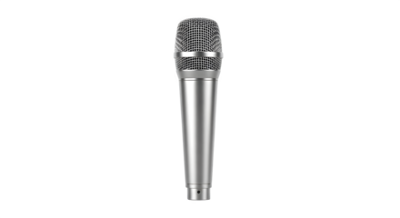 Silver microphone with grid texture shines, suitable for podcasting, music production, or audio recording content.
