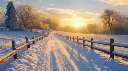 Winter's Embrace: A serene winter landscape unfolds, with a snow-covered road winding through frosted trees and fields under the golden glow of a sunrise.
