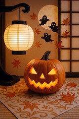 和室に飾られたハロウィンかぼちゃとお化けシルエット