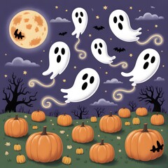 Fototapeta premium A whimsical Halloween seamless pattern features a cartoon ocean full of cute pumpkin-headed sea animals, including a dolphin, bat, cat, and ghost, swimming alongside an octopus