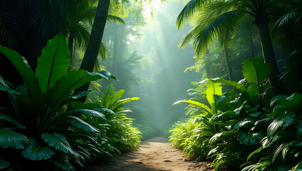 Green wall of foliage, lush green leaves, exotic flora, tropical plants, dense vegetation, forest pathway leads into tropical jungle with green plants, Honolulu rainforest background 