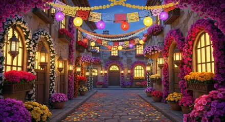 Festive Mexican street decorated with colorful flowers, glowing lanterns, and papel picado for Day of the Dead. 