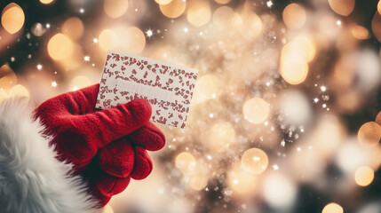 Santa holding lottery ticket with festive background and lights  
