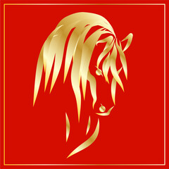 Lunar New Year Mascot Horse Portrait.  Calendar Mascot Animal Art. Gold Horse Outline Ink Silhouette Sketch Drawn. Hand Crafted China Zodiac Sign Contour. Greeting Gift Card Decoration Design.