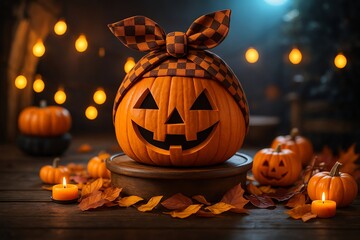 イルミネーションと紅葉の中の和風ジャックオーランタン