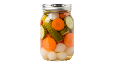 A glass mason jar filled with pickled vegetables, including carrots, onions, cucumbers, and other ingredients isolated on transparent background