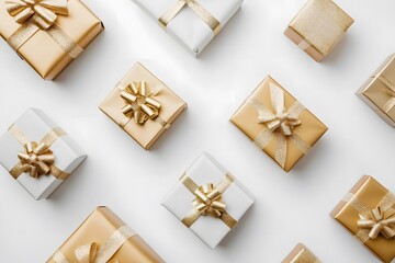 gift boxes luxury presents with elegant wrapping and satin ribbons for festive celebration using golden paper black bows and white packages