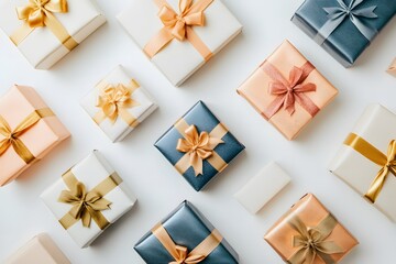gift boxes luxury presents with elegant wrapping and satin ribbons for festive celebration using golden paper black bows and white packages