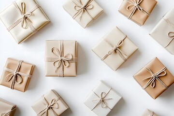 gift boxes luxury presents with elegant wrapping and satin ribbons for festive celebration using golden paper black bows and white packages