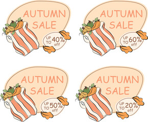 vector set of pumpkin stickers lying in a striped package and with different percentage discounts. for shop windows or other store designs for seasonal autumn discounts